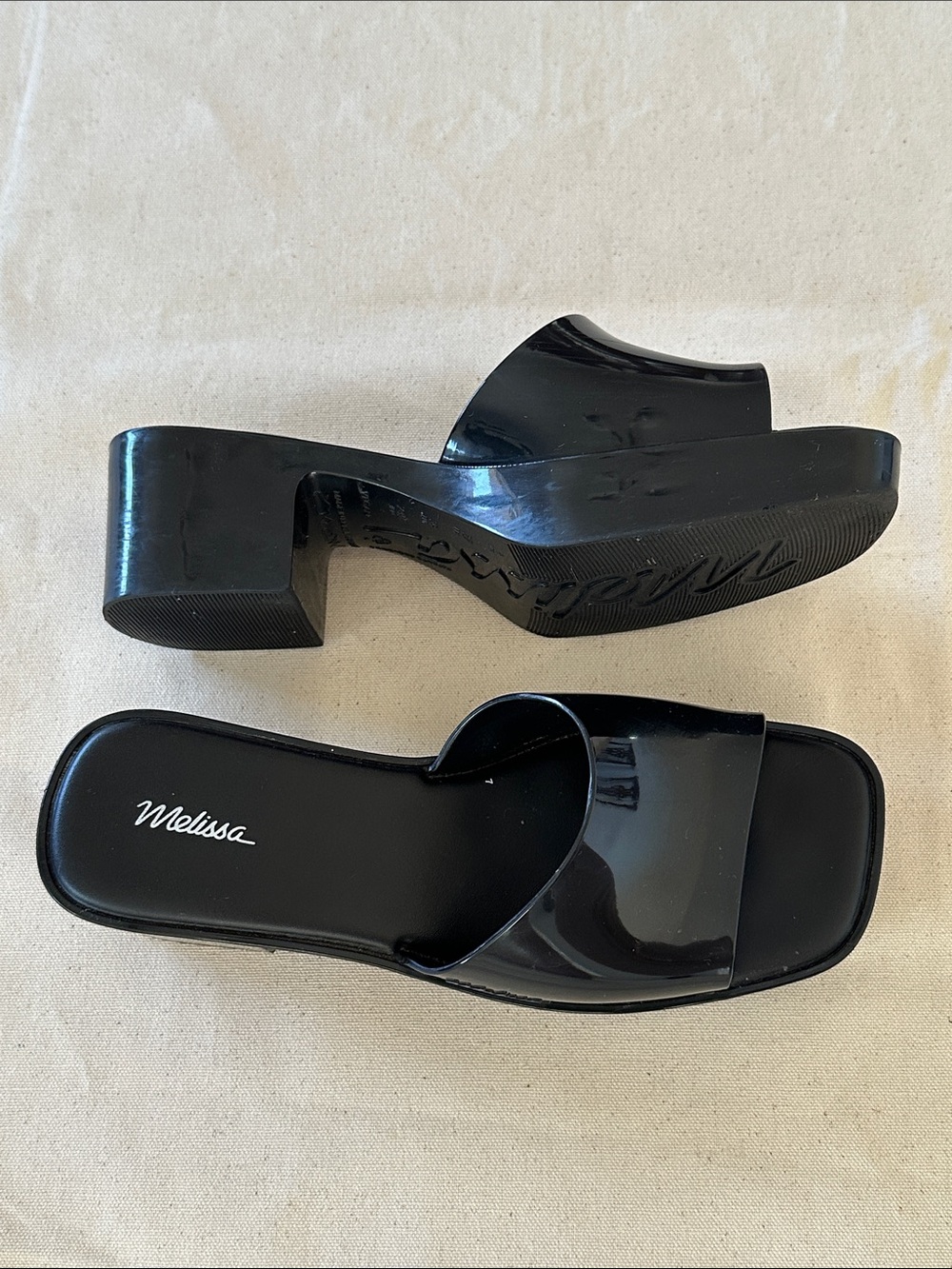 Melissa Glossy Black Slide Mules with Block Heel